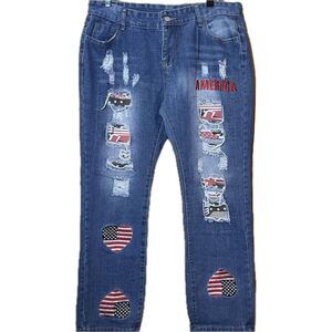 Womens Jeans America‎ Boho Appliqué Patchwork USA Distressed patches stretch